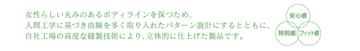 女性らしい丸みのあるボディラインを保つため、人間工学に基づき曲線を多く取り入れたパターン設計にするとともに、自社工場の高度な縫製技術により、立体的に仕上げた製品です。